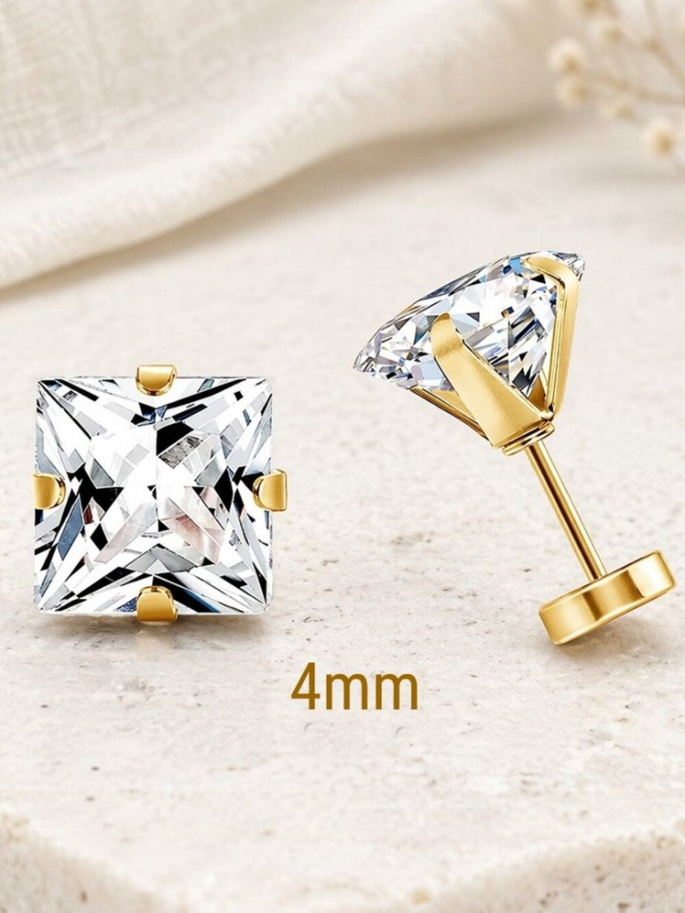 14kt Gold Plated 4mm Princess Cut Flat-Backs Earrings